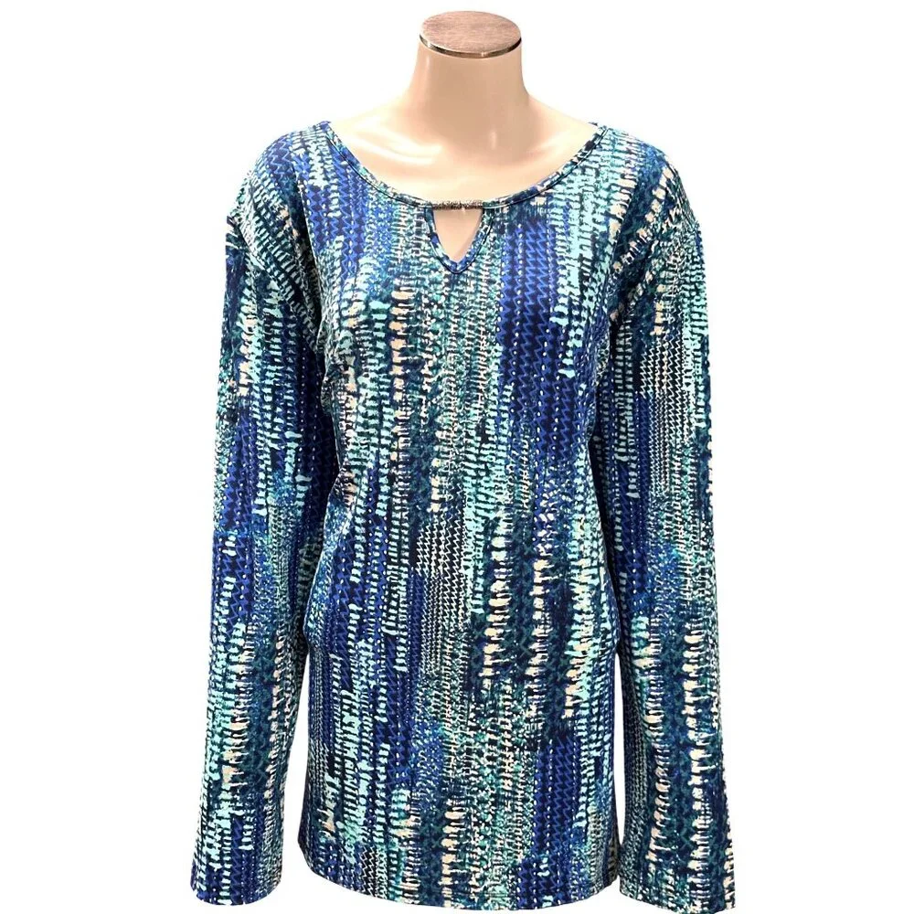 Bon Worth XL Blue Teal Abstract Print Keyhole Tunic Top Lightweight Stretchy Lay - Picture 2 of 8